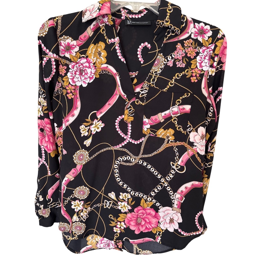 Women's New York & Company LS blouse black pink gold chain‎ floral collar XS
